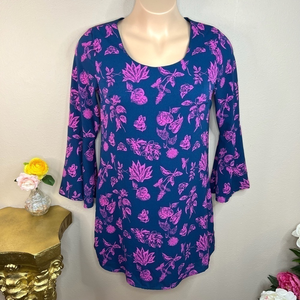L Blue Rain Blue & Purple Floral Bell Sleeve Dress Cocktail Women’s Large 12 14